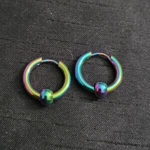 Men's oil slick multi color stainless steel ball charm mini hoop earrings